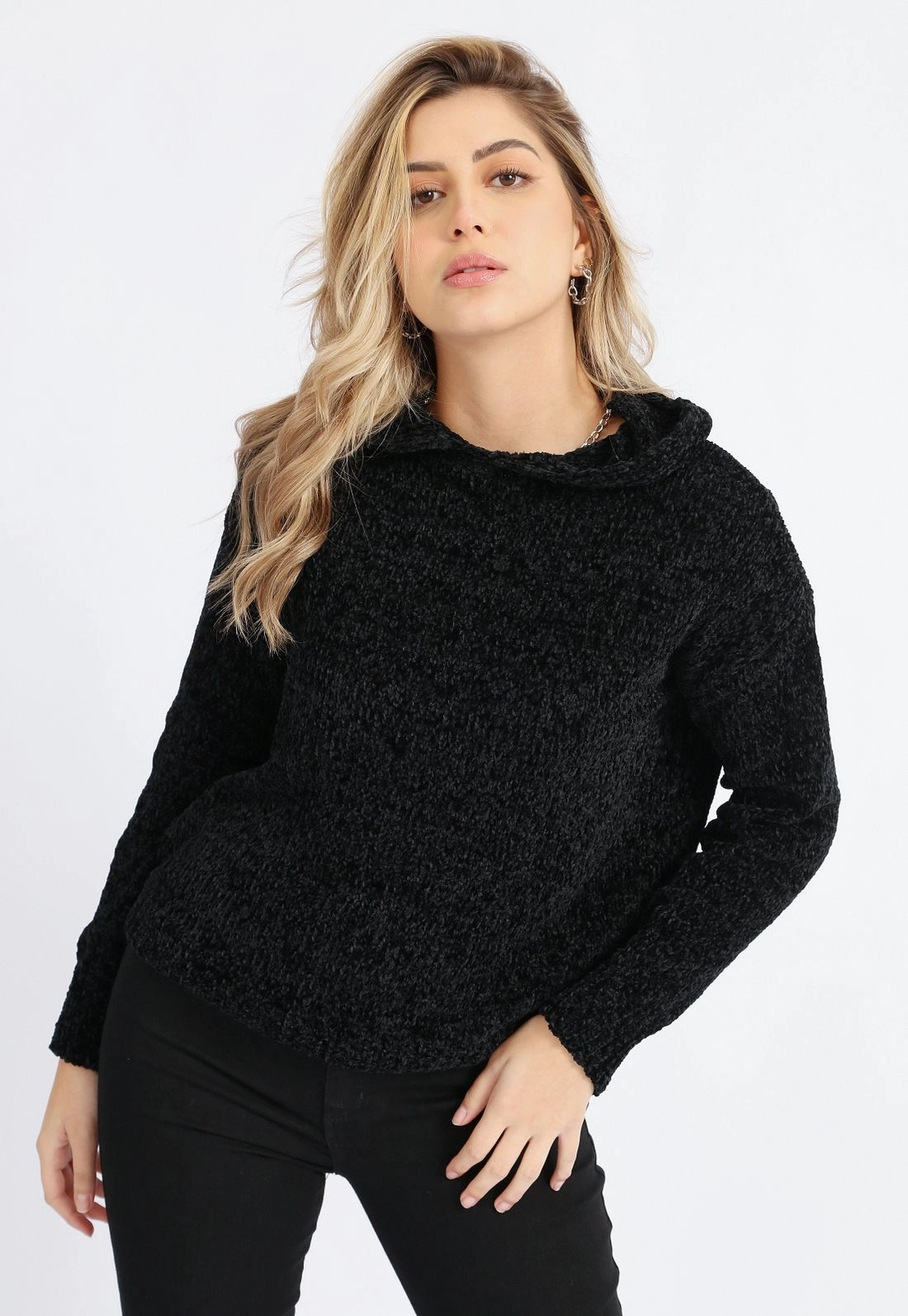 Blusa Tricô Chenille Capuz g