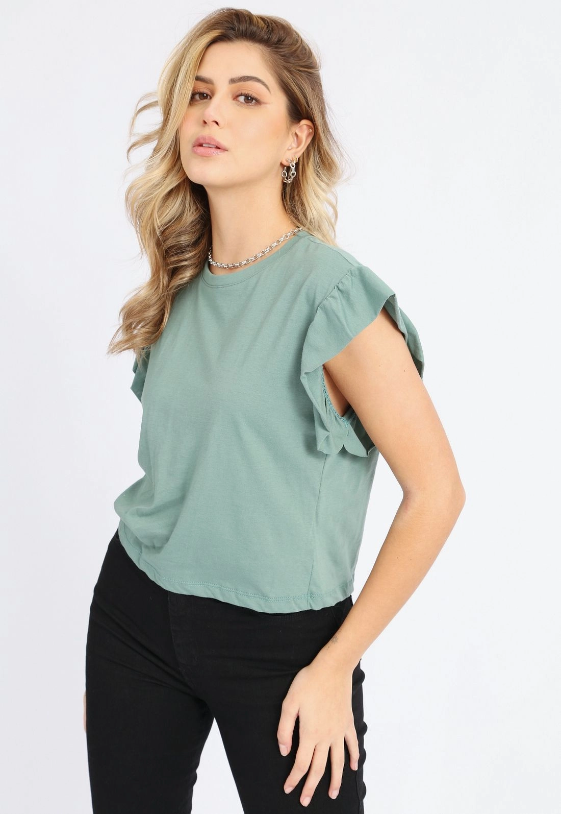 Blusa Malha Manga Curta Babado